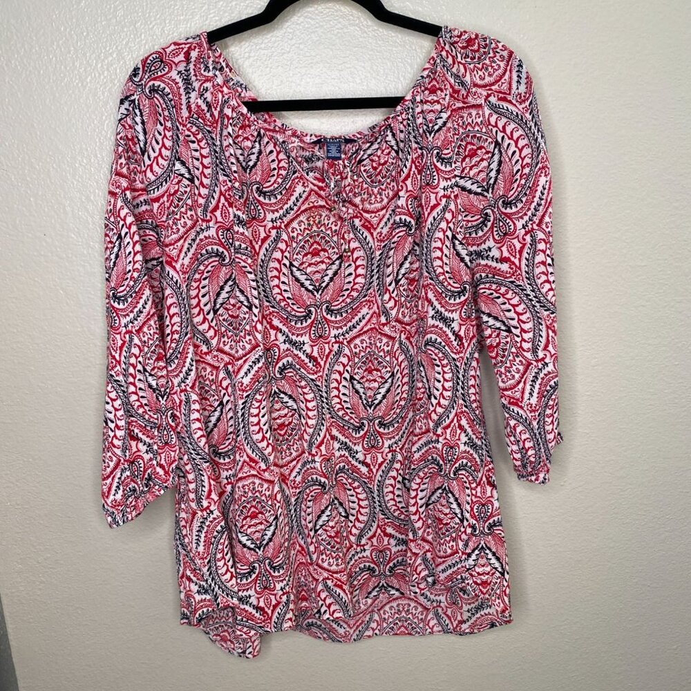 Chaps Womens Red Paisley Top  X-Large 3/4 Sleeve Lightweight Cotton